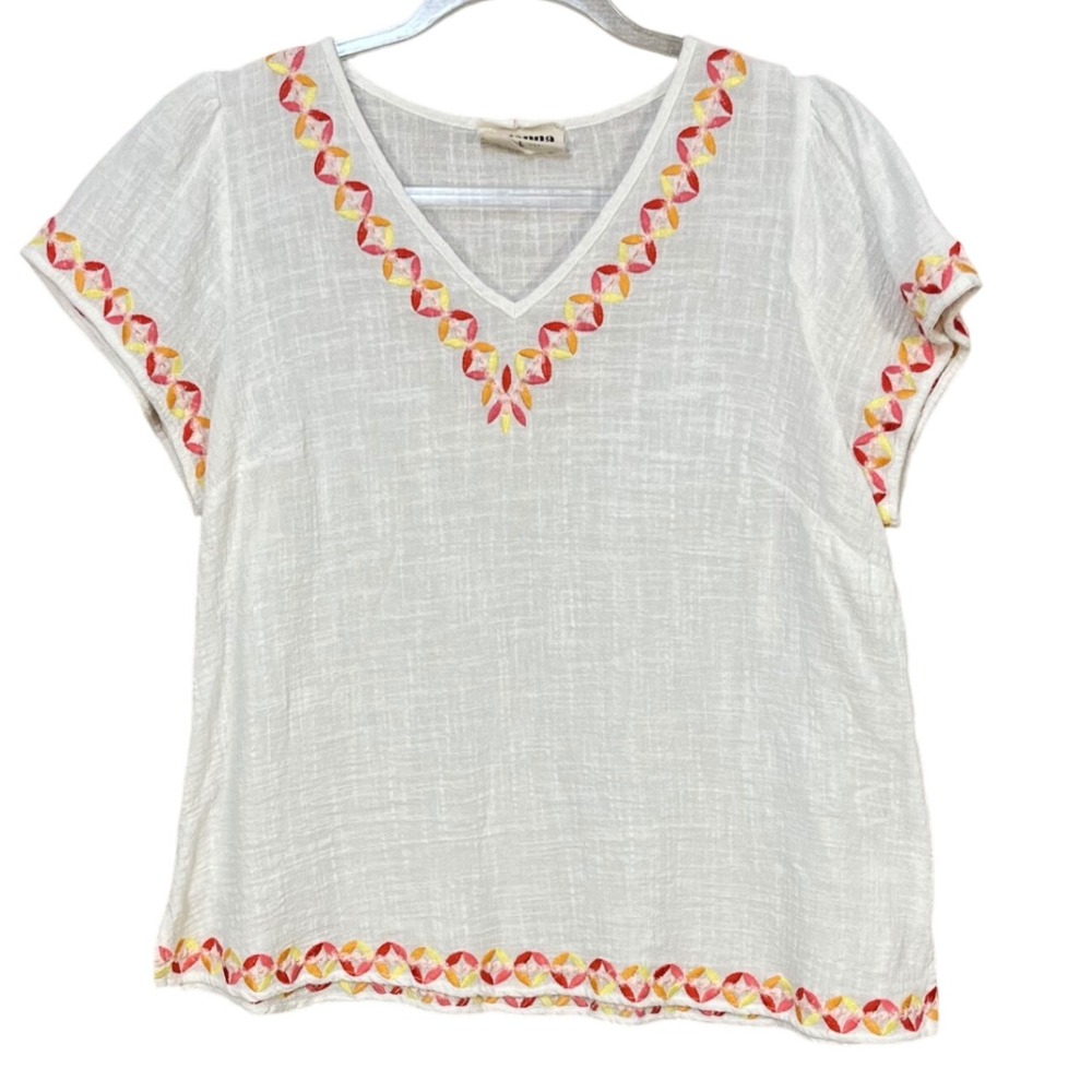 Savanna Jane White Gauzy Embroidered Short‎ Sleeve Top Size Large